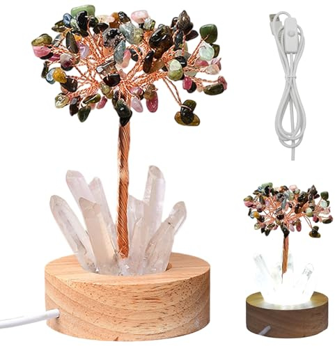 Syglawnd Rose Quartz, Wealth Lamp Natural Crystal Tree Nightlight Feng Shui Bonsai USB Plug Money Tree Night Light for Living Room Colorful