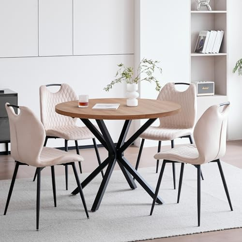 GrandCA HOME Esszimmer-Set, Inklusive Tische und Stühle,100 cm Moderner Runder Esstisch mit 4 leinenbezogenen Esszimmerstühlen, Geeignet für Esszimmer und Küchen (Beige)
