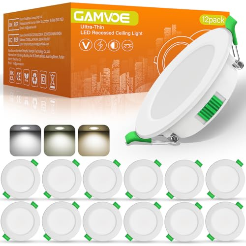 GAMVOE 5W LED Downlights Dimmable 3CCT, 2700K/4000K/6000K Adjustable Slim Recessed Ceiling Lights, Indoor Spotlights (12 Pack)
