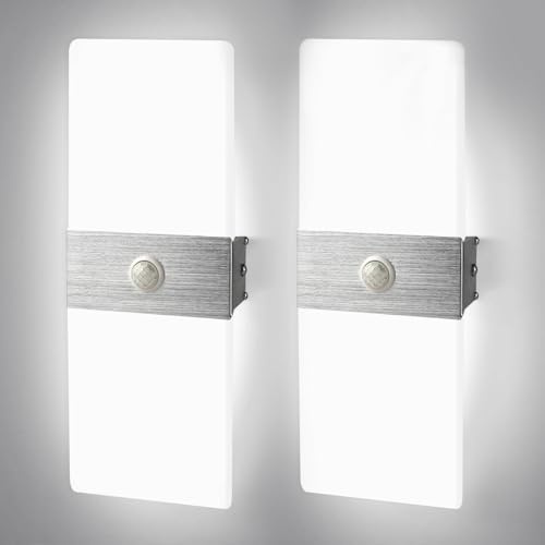 Pack de 2 Aplique de Pared Interior Luz LED con Sensor de Movimiento 12W | JaneYi Lámpara de Pared Moderna Blanco Frío 6500K Acrílico Aluminio para Pasillo Escaleras Balcón Salón Entrada