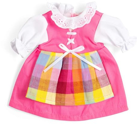 Bigjigs Toys Pink Dress with Pinafore, Gingham Checkered Ragdoll Outfit | Gingham Checkered Print Dress & Pinafore, Dolly Outfit for Small Bigjigs Ragdolls, Age 2+