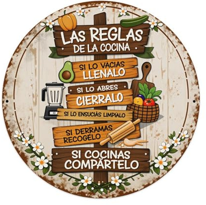Letrero de madera con reglas de cocina, decorativo, redondo, de estaño, estilo vintage, letrero de metal para hogar, bar, jardín, pared, póster de metal, 20,3 x 20,3 cm