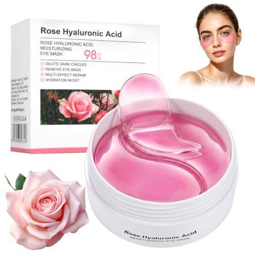 AOOWU 60 stycken rosecollage ögonkuddar, rosa ögonkuddar med hyaluronsyra niacinamid, hydrogel ögonlappar mot mörka ringar, ögonmask fuktgivande jämnar ut ögonområdet mot rynkor