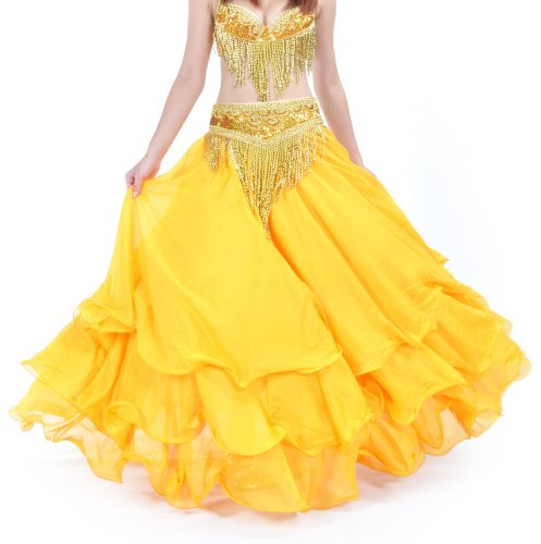 Hoerev Bauchtanz DREI-Schicht- Chiffon- Rock Säumen, abgestufte Maxi-Rock Ohne Gürtel,Gelb,M