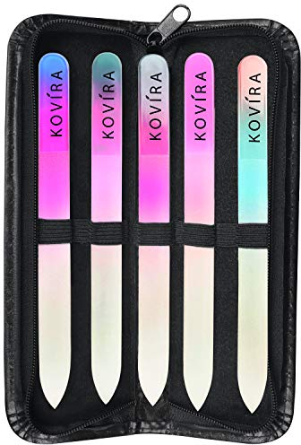 Kovira Nagelfeile aus Glas mit Etui (5 Stück) – doppelseitige Glasfeile – langlebige Maniküre-/Pediküre-Set für natürliche und künstliche Nägel – professionelle Kristallfeile