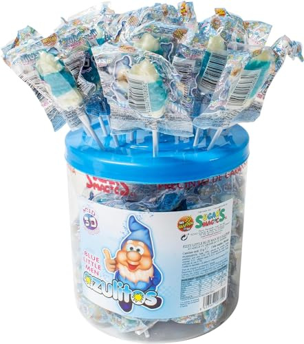 Piruleta Azulitos. Caramelo con palo sabor cola. Bote 100 unidades con envuelta individual.