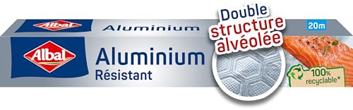 ALBAL Papier Aluminium pour four et barbecue (20m), Film Alu résistant aux déchirures et aux variations de températures, Rouleau aluminium à double structure alvéolée