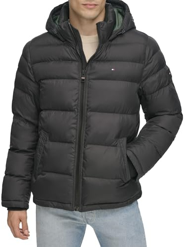 Tommy Hilfiger Mens Hooded Puffer Jacket Down Alternative Coat, Black, X-Small US