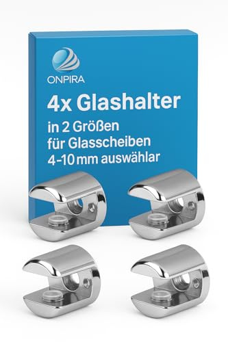 4x Glashalter für Glasscheiben 4–10 mm – 2 Größen auswählbar, robustes und langlebiges Halter-Set für Möbel, Regale, Vitrinen, DIY-Projekte, edles Design, einfache Montage (18mm Glasstärke: 4-8mm)