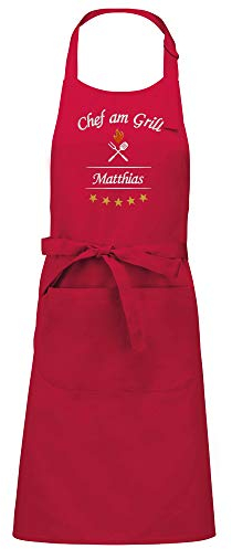 Direkt-Stick.de Grillschürze mit Namen bestickt, Schürze für Männer, PERSONALISIERBAR, Stickerei Chef am Grill, Latzschürze, Kochschürze 100% Baumwolle, Geschenk für Männer, Vatertag (rot)