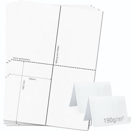 OfficeGear große A6-Klappkarten, 2-fach [25 Blatt – 50 Stück] – 105 × 148,5 mm – Bedruckbare Tischaufsteller aus 190 g/m² Karton – für Hotels, Gastronomie, Konferenzen, Events – inkl. Designvorlage