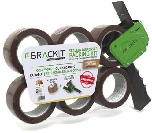 6 St Klebeband Braun Mit Profi Abroller - 66m lang, 48mm breit - 50mic, Paketklebeband, Starke Anhaftung, Mit Starke Stabiler klebebandabroller, Prämie Paketband, (Brackit - Premium Qualität)