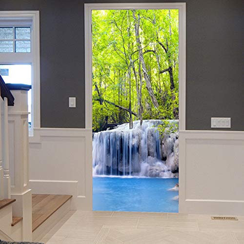 A.Monamour Türtapete Selbstklebend Türfolie Türposter 3D Thailand Grün Tropischer Dschungel Wald Wasserfall Cascade Landschaft Vinyl Folie Türdeko Tapete Wandbild Türaufkleber Türtattoo 77 x 200 cm