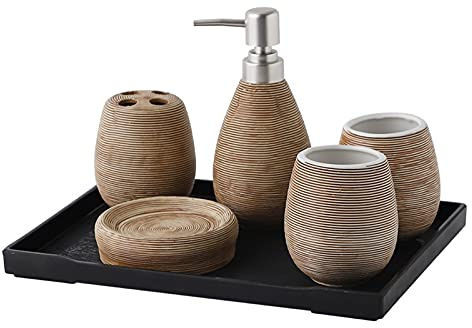 Tauzveok Bad-Accessoires Set Keramik Badezimmer 6-Teilig Mit Seifenspender Zahnbürstenhalterung Seifenschale Becher Und Ablagefach Luxuriöses Badezimmer-Set,Braun