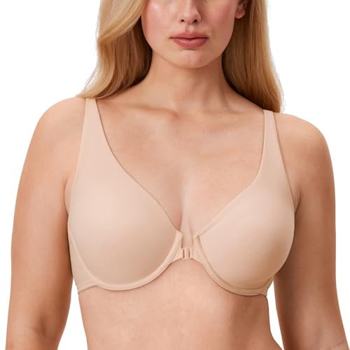 Delimira Women's Front Fastening Bras Seamless Full Coverage Unlined Underwire Support Bra Beige 38F