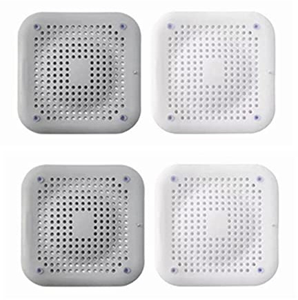 4 Stück Abfluss Haarfänger, Seestern Abflussabdeckung für Dusche Saugnapf Silikon Haarsieb für Bad und Küchenfilter, Duschabfluss Schutz Flachfilter (Quadratisch(2*Weiß+2*Grau))