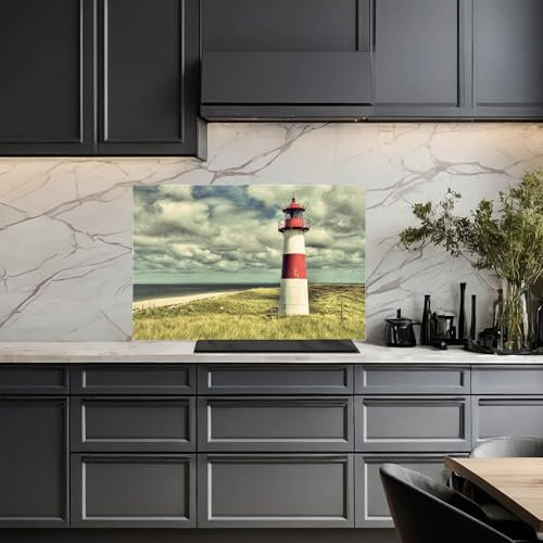 banjado Küchenrückwand Glas ohne Bohren 60x40cm – Glasrückwand Küche mit Motiv Leuchtturm Sylt/Spritzschutz Küchenrückwand Glas/selbstklebende Küchenrückwand Platte - magnetisch & beschreibbar