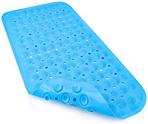 ACEMOOW Tapis de Baignoire Antidérapant Anti Moisissure 70 x 35 cm Très Long Antibactérien BPA Tapis de Douche avec Ventouse Trous de Drainage pour Salle de Bain Enfant Adulte Lavable en Machine Bleu