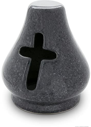 Kerazo Keramik Grablicht Friedhofslicht Teelichthalter Kreuz Grablampe Kerze 14x16cm (Grau-Granit)