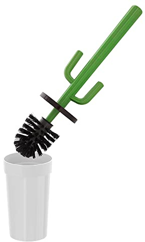 Scopino per WC cactus, colore bianco, da appoggio in plastica con ciuffo in setole nere, completo di portascopino