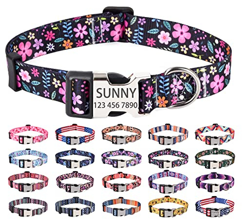 Mihqy Personalisierte Hundehalsbänder mit Eingraviertem Namen und Telefonnummer, 10 Colors& 4 Größen für Kleine, Mittlere und Große Hunde(Blume,M)