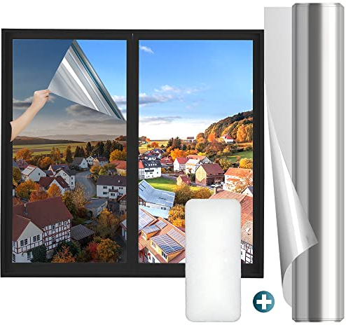 SAMHEITO Sonnenschutzfolie Fenster Innen 50x200cm Fensterfolie Selbstklebend Spiegelfolie Fenster Blickdicht von außen Hitzeschutzfolie Sichtschutzfolie Fenster Wärmeschutzfolie UV Schutzfolie Silber