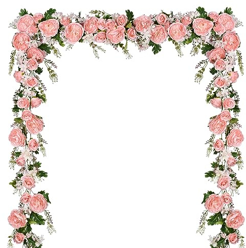Artiflr 2 Pack Artificial Peony Garland Flowers, 12ft Floral Greenery Garland Rose Flower Vine with Pink Peony and Green Leaves for Wedding Dining Table Home Party Decor (2, Pink)