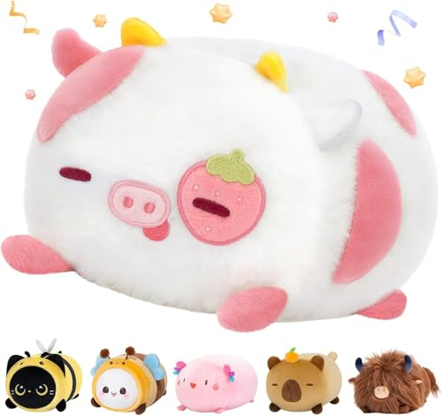 Mewaii Peluche Vaca de Ojos de Fresa 20CM - Suave y Lindo Cojín de Peluche para Abrazar - Ideal para Niños, Regalo para Navidad, Cumpleaños y Más