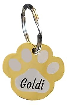 Hundemarke aus Edelstahl in Pfotenform mit Gravur Personalisiert - Tiermarke Hund, Katze, Welpen, 3 Größen, 6 Farben (M 31,5mm X 29mm, Gelbgold)