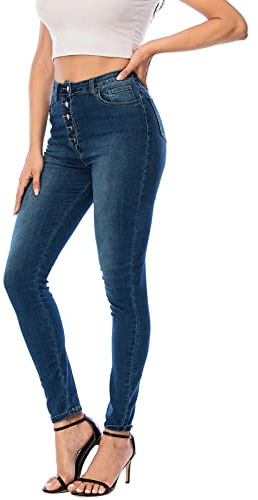 Ecupper Jeans Femme Taille Haute Slim Skinny avec Poches Pantalon Stretch Classique Bleu foncé-5 Bouton 2XL