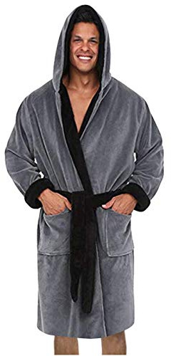 Duohropke Peignoir en coton éponge pour homme - Grande taille - Avec capuche - Court - Longueur genou - Sauna - Peignoir de chambre - Manteau de sauna, gris, M
