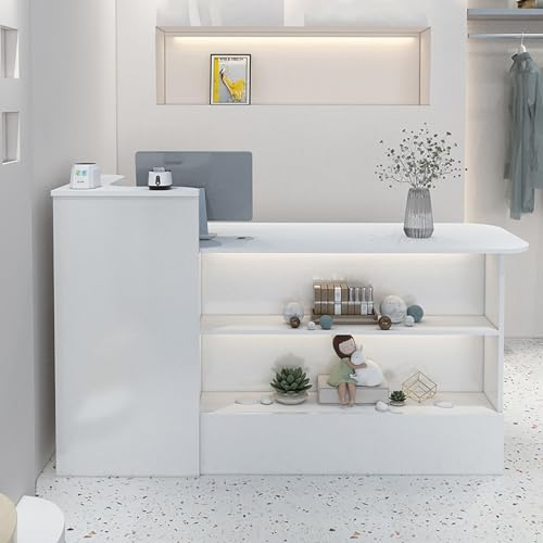 Moderne, minimalistische Empfangstheke an der Vorderseite, Empfangstheke mit offenen Regalen, moderne Verkaufstheke mit LED-Leuchten, optionale erhöhte Regale links und rechts, geeignet für Unternehme