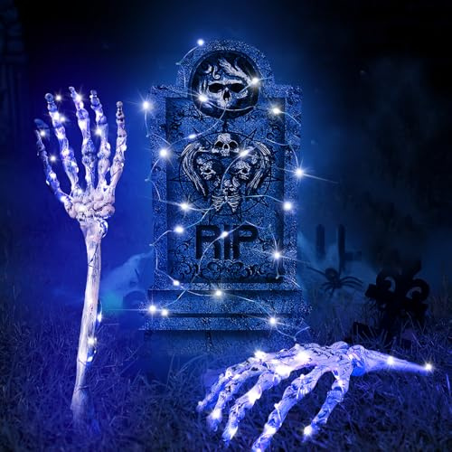 Halloween Deko, Halloween Glühendes Draußen Deko, Gruselig Garten Deko, Grabstein Schilder Schädel Hände Spinnen Spinnennetz Blaue Lichterkette für Halloween Haunted Party Gruselige Friedhofs Deko