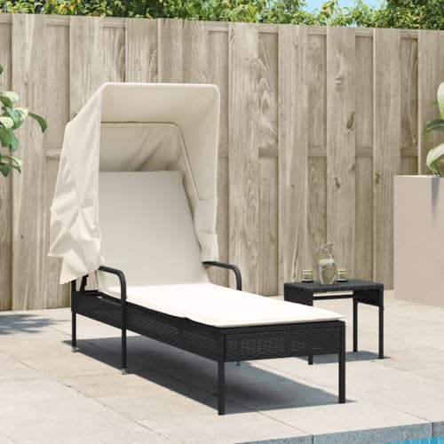 Homgoday Sonnenliege mit Dach Gartenliege mit4-fach verstellbare Rückenlehne Relaxliege Strandliege Gartenmöbel Liegestuhl Garten Balkon Terrasse Schwarz Poly Rattan