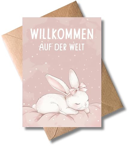 WBdesignz Glückwunschkarte zur Geburt - Geschenkarte mit Umschlag Willkommen auf der Welt Glückwünsche für Mädchen Babybarty Geburtsglückwunsch Babyglückwünsche Hase mit Schlaufe Pink (DIN A6)