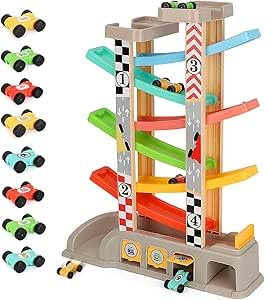 Kramow Jouet de Rampe Avec 8 Mini Voitures et 3 Voitures de Garage - Piste de Course Éducative pour Enfants de 3 Ans et Plus
