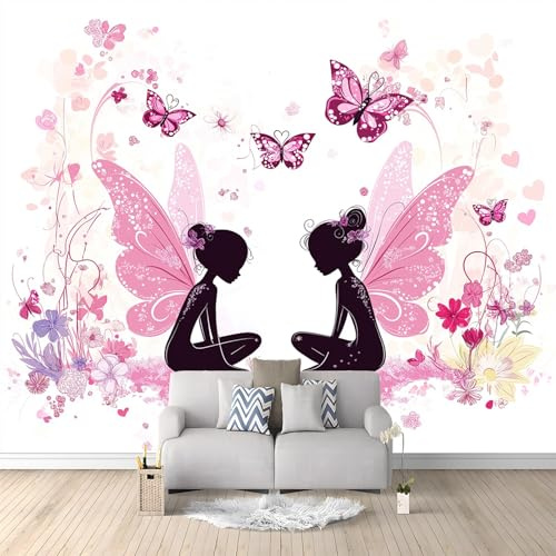 Générique Papier Peint intissé Fille Papillon Rose Dessin Animé 350x256 cm Papier Peint Photo Panoramique, Poster Geant Mural Personnalisé 3D, pour Salon Cuisines Chambre Adulte Enfant Décor Murale