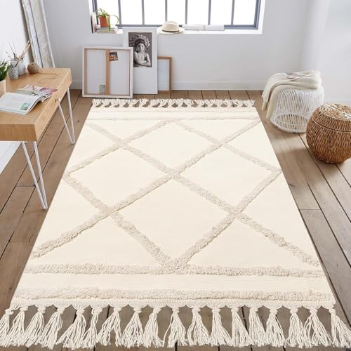 INKAROBOX Teppich Läufer Flur, Boho Beige Getuftet Baumwollteppich mit Gewebt Quasten, Waschbarer Teppich für Badezimmer Küche Wohnzimmer Schlafzimmer Flur Esszimmer (Beige, 180 x 120 cm (Rechteckig))