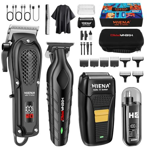 HIENA Professionelles Haarschneideset für Männer, Schnurloses Barbierschneideset und Trimmer Set, USB aufladbares elektrisches Barttrimmer & Nasenhaartrimmer Set, Folienrasierer & Männergesichtspflege