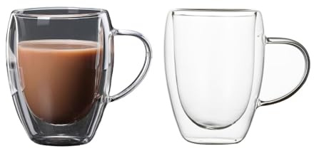LoveFirst 2x350ml Large Capacity Double Walled Coffee Glasses Mugs with Handle Cappuccino Latte Macchiato Glasses Cups, Heat Resistant Dishwasher Safe for Hot Drinks Tea Milk Juice Ice Cream