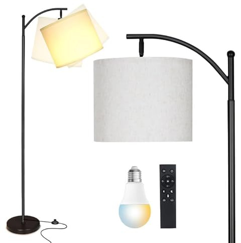 LED Stehlampe, 9W E27 Bogenlampe mit Fernbedienung und Fußschalter, Schwarz Stehlampe Dimmbar 2700K-6500K für Wohnzimmer Schlafzimmer Büro Hotel, Hoch Bogenleuchte mit Ø23CM Stoffschirm Leinen Weiße