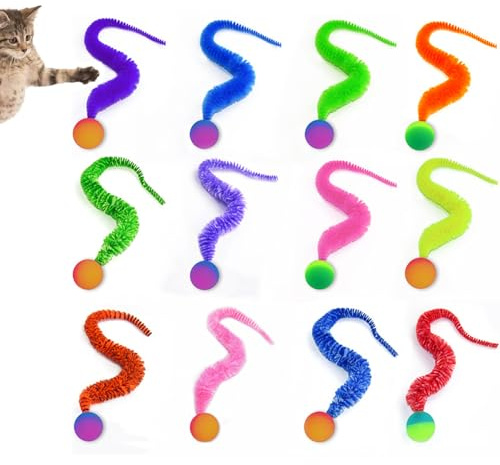 Bhina 12 Stück Wackelball für Katzen, Katzenbälle Hüpfbälle, Wiggly Ball, Langer Schwanz Ball Wurmkatzenspielzeug, Katzenball Kätzchenspielzeug für Katzen Jeden Alters, für Katzen Jagen, Springen