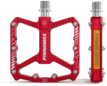 PINNAMAX Cykelpedaler, CNC-aluminium, 9/16 tum, Anti-slip plattform, 3 lager, Cykelpedaler för vägcykel, MTB, elcykel(röd)