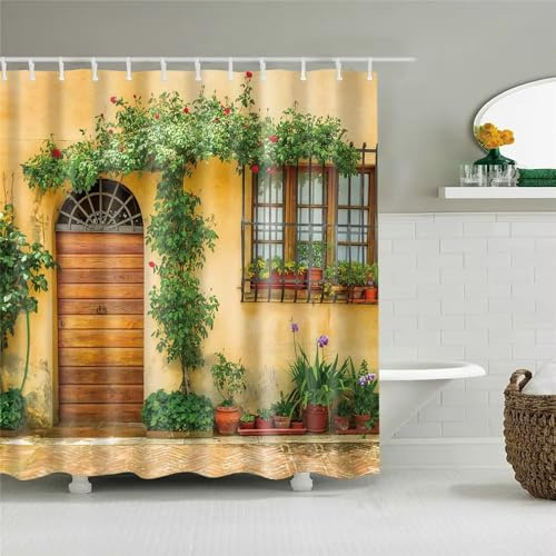 Tenda Doccia 120x200 cm da Giardino, esterno Street Scenery Marrone Porta in Legno Verde Pianta Fiori Tenda da Bagno, Poliestere Impermeabile con Ganci, Resistente Lavabile, 120L x 200A cm (1 Pannell