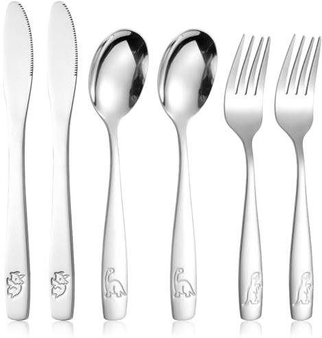 6-teiliges Edelstahl Kinderbesteck, Babybesteck, Besteck für Kinder ab 3 Jahren, Kinderbesteck mit Gravur - 2 Gabeln, 2 Sicherheitsmesser, 2 Suppenlöffel