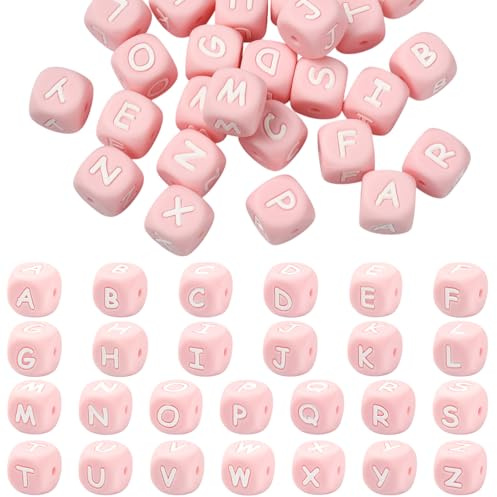 LEGENTLISUR Lot de 26 perles carrées en silicone avec lettres de l'alphabet de 12 mm pour bracelets d'amitié, porte-clés, bijoux, projets de bricolage (rose)
