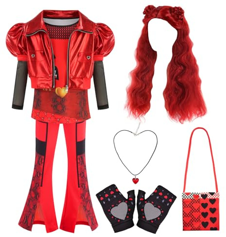 HHYTOKKI Kid Girl 3pcs Red Cosplay Costume Pants Top Jacket, Princess Halloween Clothing with Wig Red Heart Necklace Gloves Bag (Red Costume Set, 140 (7-8T))
