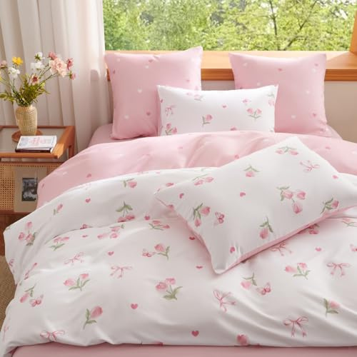 Sedefen Bettwäsche 135x200 Rosa Blumen Tulpe,Wende Bettwäsche Set Herzen Schmetterling aus Microfaser,Aesthetic ÖKO-TEX Bettwäsche Set Bettbezug mit Reißverschluss und 1 Kissenbezug 80x80 cm