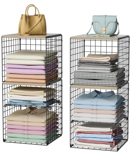 2 Pack Closet Organizer System, Extra Tall & Large Capacity Closet Shelves with Adjustable Dividers, 3-Tier Stackable Storage Bins with Wood Top (Up to 6 Tiers), for Clothes Wardrobe Organization