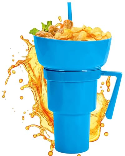 Minhaxue Snack and Drink Cup 2 in 1 Cup Bowl Combo with Straw 900ml | Leakproof Stadium Tumbler Popcorn Cups for Travel Movie Night, Cinema, Home